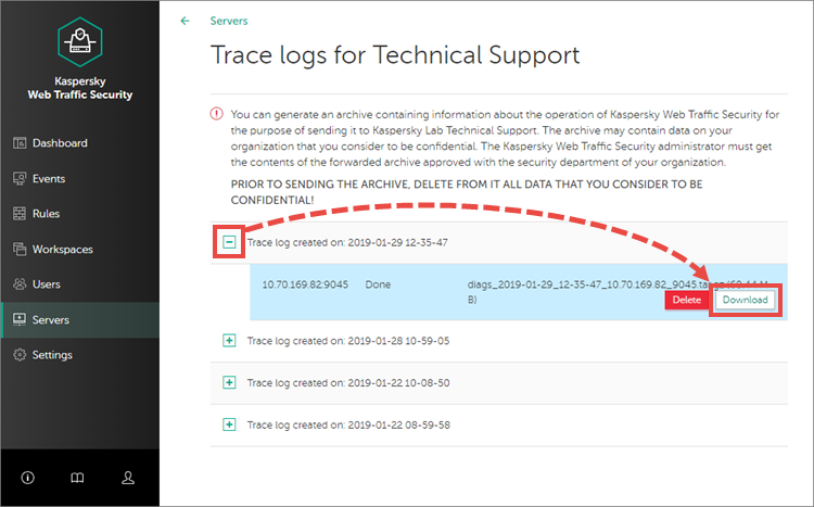 Saving the trace log in Kaspersky Web Traffic Security 6.0.