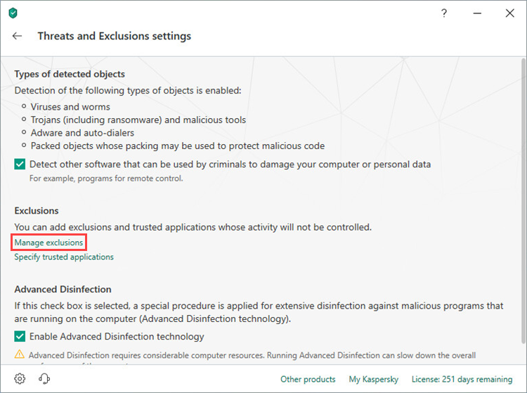 Opening the exclusions window of Kaspersky Internet Security 19