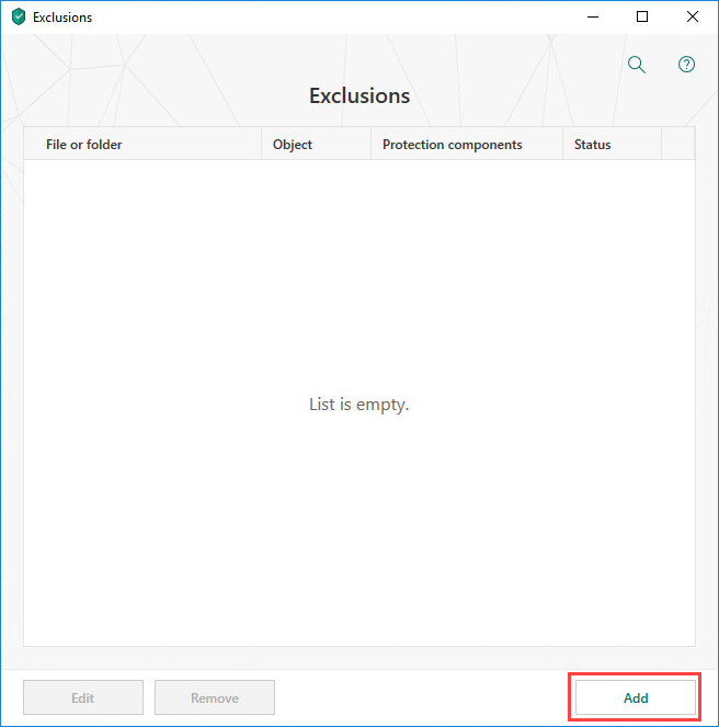 Adding a new exclusion window in Kaspersky Internet Security 19
