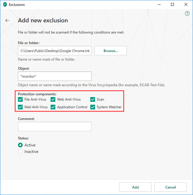 Selecting protection components while configuring an exclusion rule in Kaspersky Internet Security 19