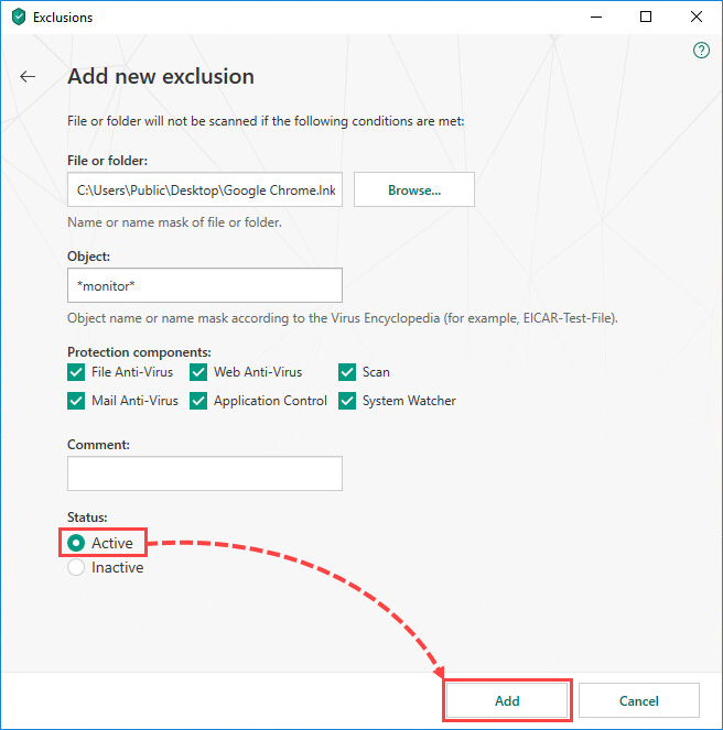 Adding a new exclusion in Kaspersky Internet Security 19