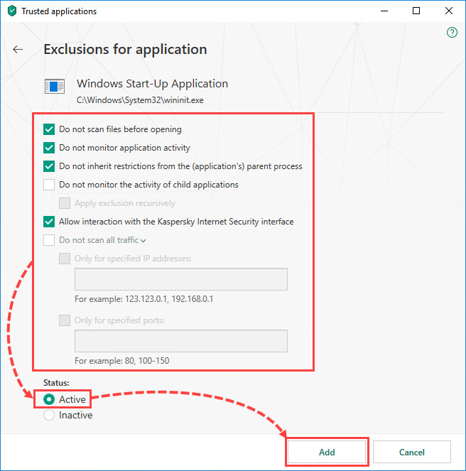 Selecting exclusion settings for an application in Kaspersky Internet Security 19