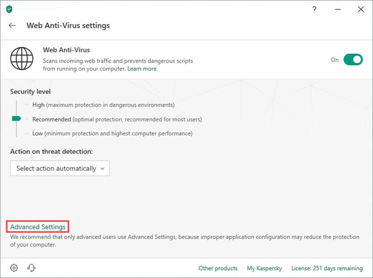 Opening the Advanced settings of Web Anti-Virus window in Kaspersky Internet Security 19
