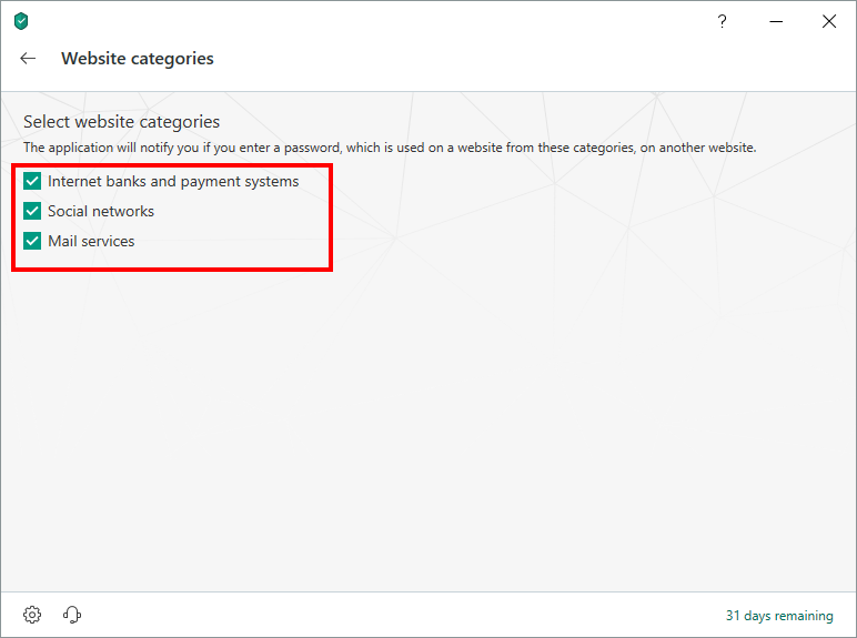 Selecting categories of websites where Kaspersky Security Cloud 19 will check using the same passwords