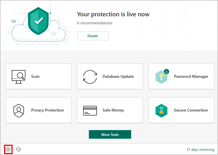 Opening the Settings window of Kaspersky Security Cloud 19