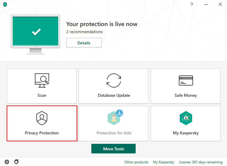Opening the Privacy Protection section in Kaspersky Internet Security 20