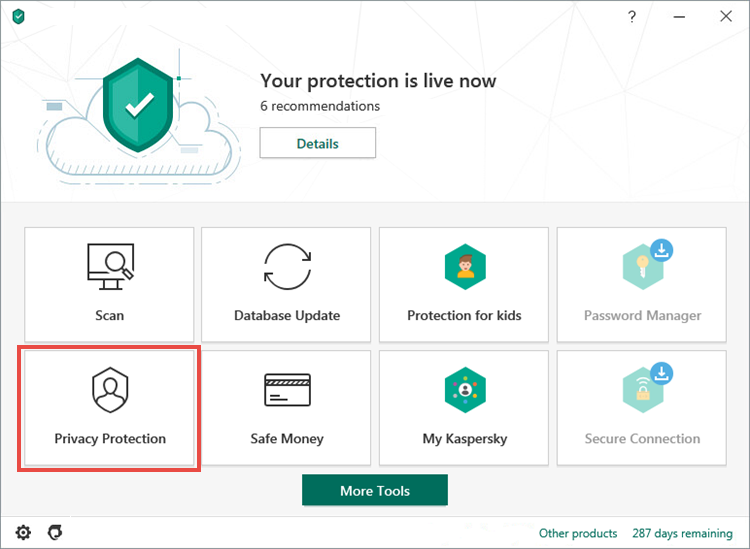 Opening the Privacy Protection window in Kaspersky Security Cloud 20