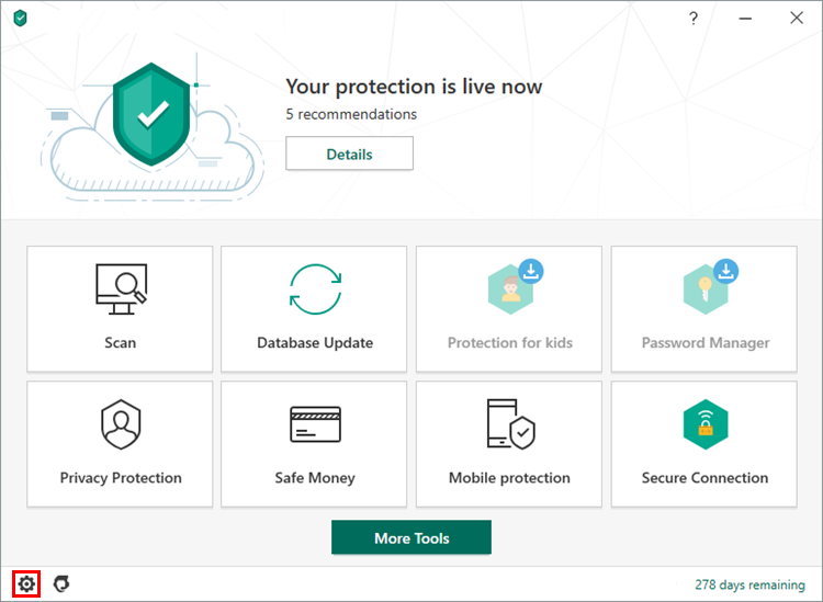 Opening the Settings window of Kaspersky Security Cloud 20