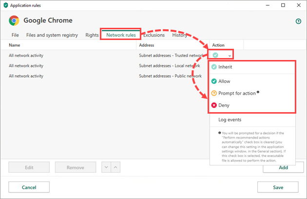 Configuring network rules window in Kaspersky Security Cloud 20