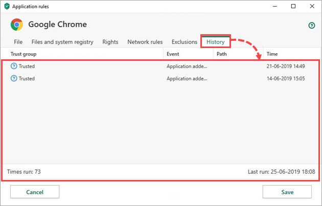 Viewing Kaspersky Security Cloud 20 application history