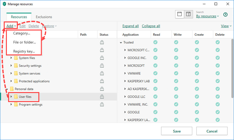 Opening the window to add a category, file, folder or registry key to a resource with Kaspersky Security Cloud 20