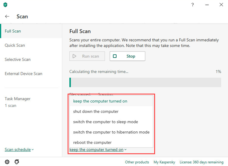 Selecting an action upon completion of a full scan task in Kaspersky Internet Security 20
