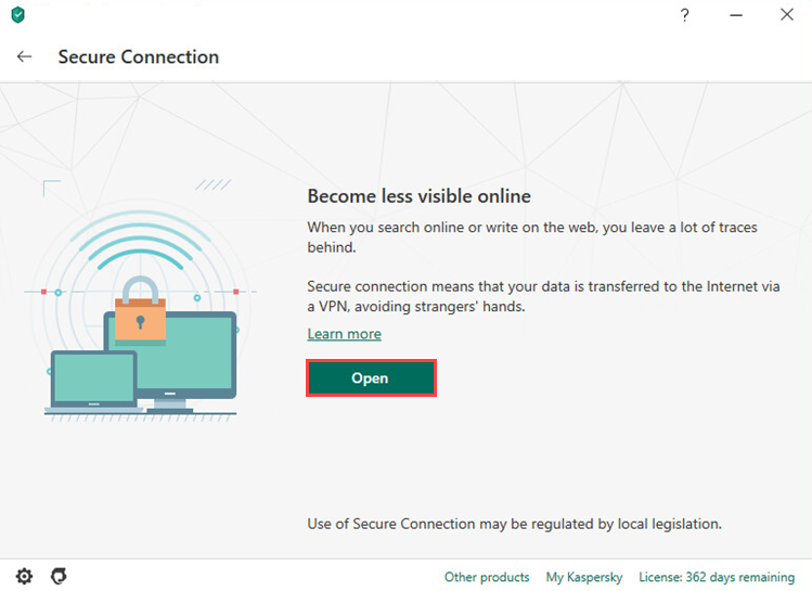 Starting Kaspersky Securе Connection from the interface of Kaspersky Total Security 20