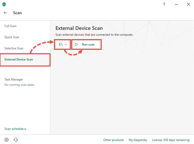 Running an external device scan in Kaspersky Total Security 20