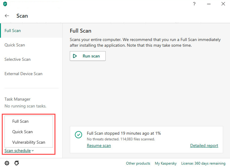 Selecting a scan type for setting a scan schedule in Kaspersky Total Security 20