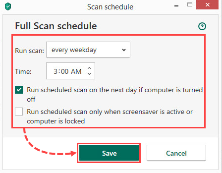 Configuring a scan schedule in Kaspersky Total Security 20