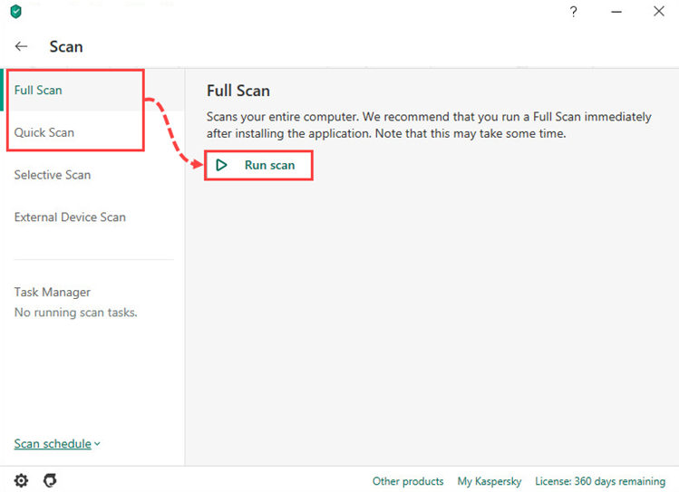 Starting a full or quick scan in Kaspersky Security Cloud 20