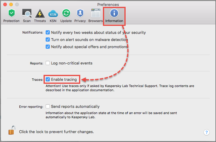 Enabling traces in Kaspersky Internet Security 20 for Mac
