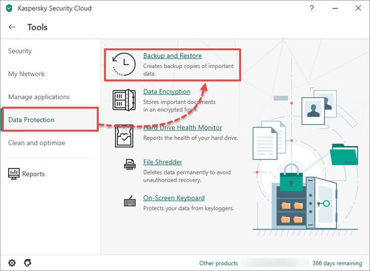 Opening the Backup and Restore window in Kaspersky Security Cloud 20