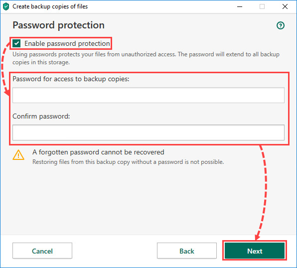 Setting a password for the vault in Kaspersky Security Cloud 20