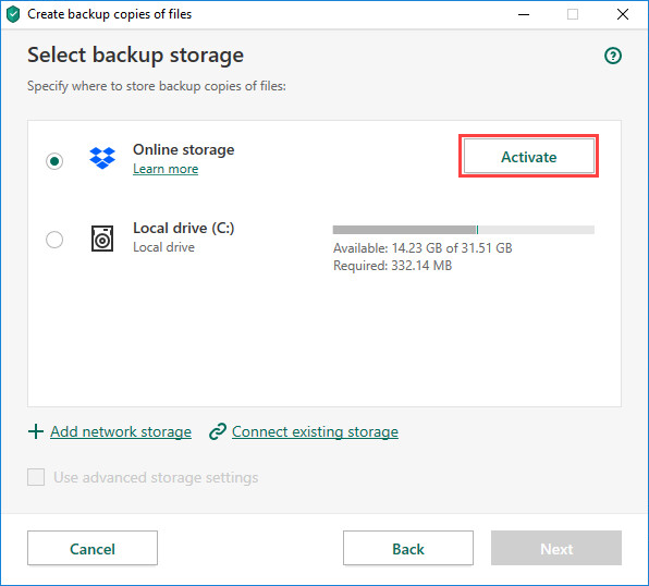 Activating the Dropbox online storage in Kaspersky Security Cloud 20