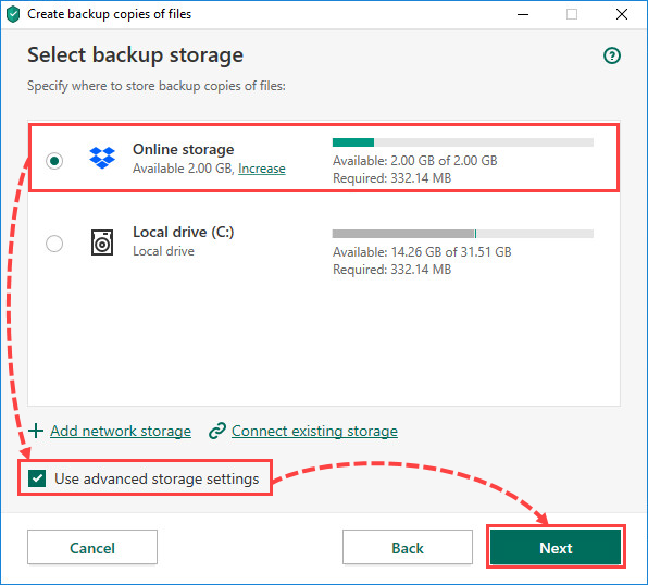 Selecting an online storage for creating file backups in Kaspersky Security Cloud 20