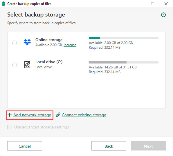 Adding a network storage in Kaspersky Security Cloud 20