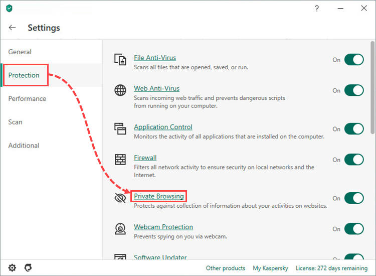 Opening Private Browsing settings in Kaspersky Total Security 20