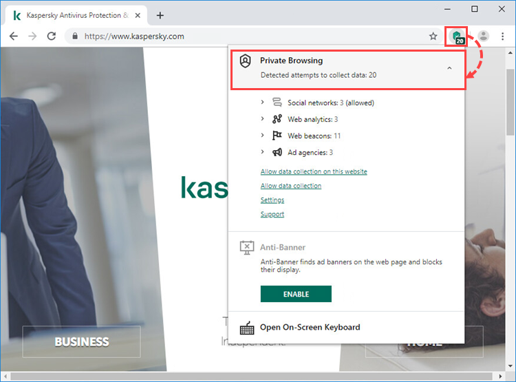 Viewing statistics about blocked data requests with Kaspersky Protection