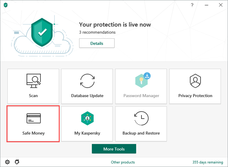 Opening the Safe Money window of Kaspersky Security Cloud 20