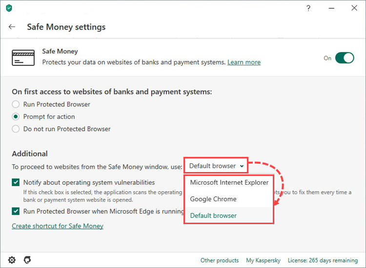 Selecting the browser to open Safe Money in Kaspersky Security Cloud 20