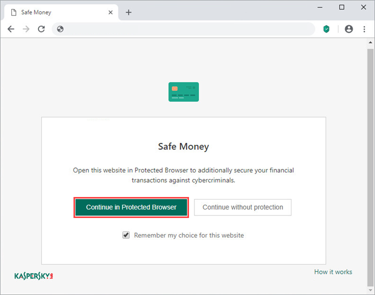 Opening a website in Protected Browser in Kaspersky Security Cloud 20