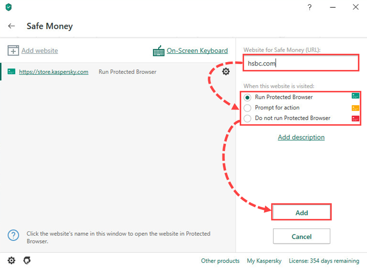 Opening the Safe Money settings window of Kaspersky Security Cloud 20