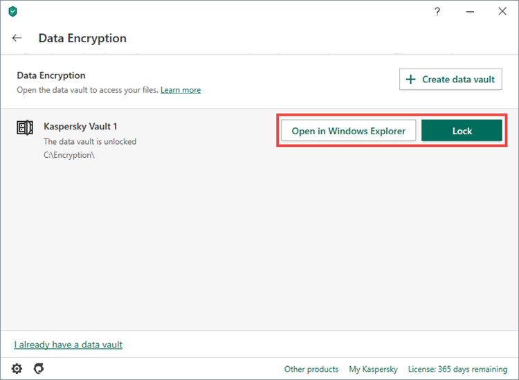 Opening or locking a vault in Kaspersky Security Cloud 20