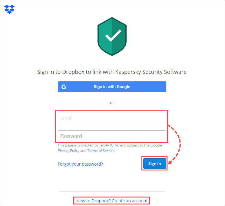 Signing in to Dropbox from Kaspersky Total Security 20
