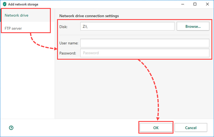 Configuring network storage settings in Kaspersky Total Security 20