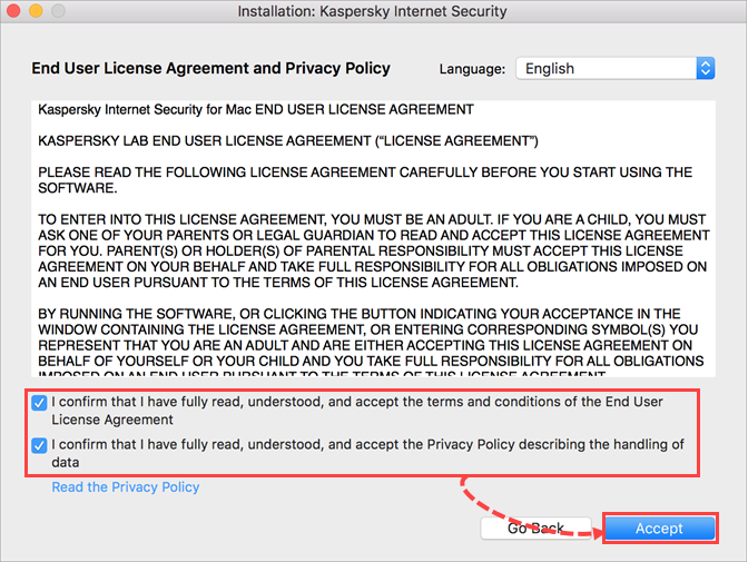 Accepting the EULA before installing Kaspersky Internet Security 20 for Mac