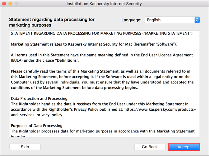 Accepting the Marketing Statement when installing Kaspersky Internet Security 20 for Mac