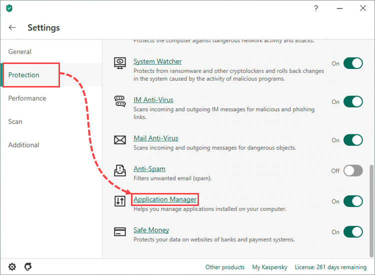 Opening the Application manager settings in Kaspersky Total Security 20