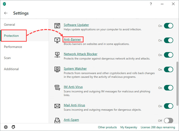 Opening the Anti-Banner settings window of Kaspersky Security Cloud 20