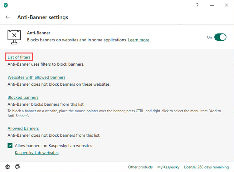 Opening the Anti-Banner list of filters of Kaspersky Security Cloud 20