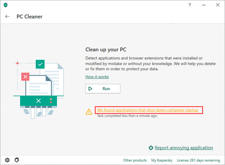 Viewing the list of applications or browser extensions spotted by PC Cleaner feature of Kaspersky Security Cloud 20