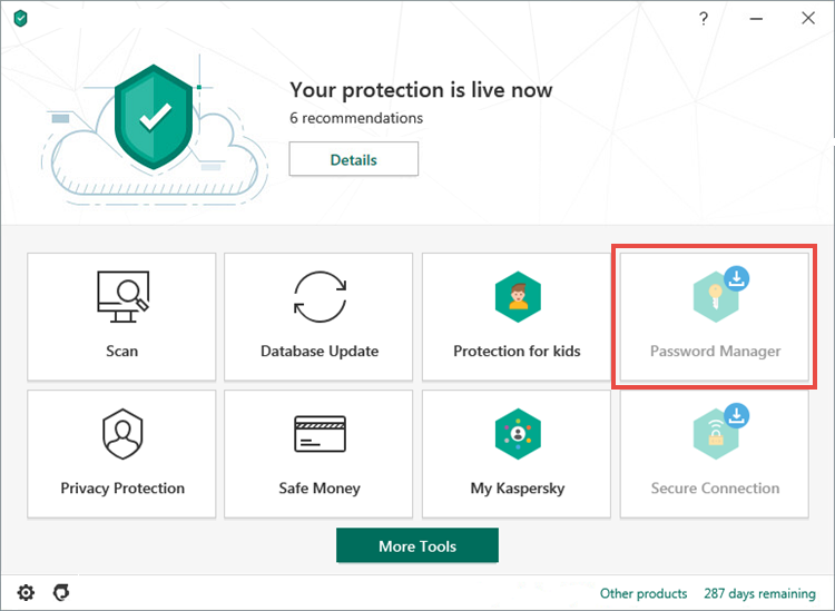 Opening Password Manager in Kaspersky Security Cloud 20