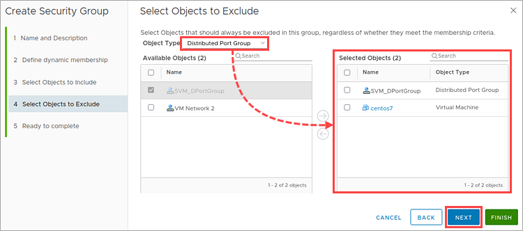 Selecting VMware management objects to exclude from the NSX Group