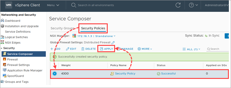 Selecting the created policy on the Security Policies tab