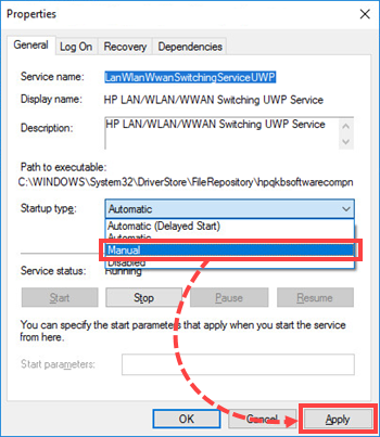 Adjusting startup type of the HP LAN/WLAN/WWAN Switching UWP service