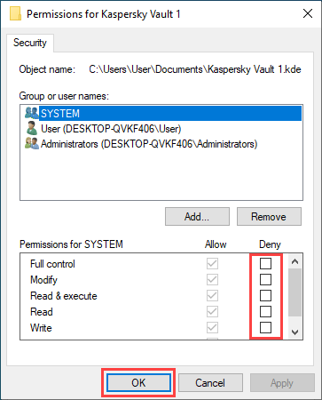 Data vault permissions window with cleared Deny checkboxes.