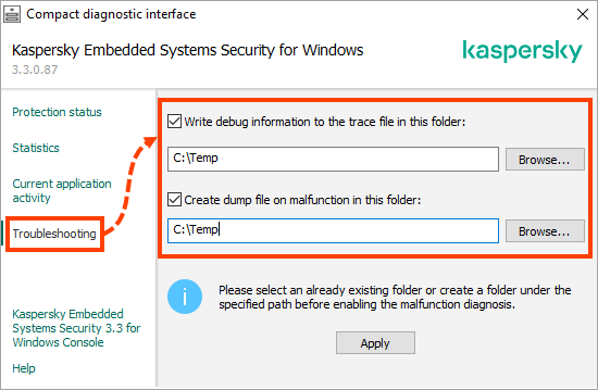 Configuring the trace and dump file settings in the Compact Diagnostic Interface of Kaspersky Embedded Systems Security.