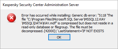 Error when creating a database during the installation of the Administration Server.