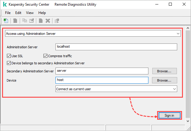 Connecting to a remote device using Administration Server in the klactgui tool.